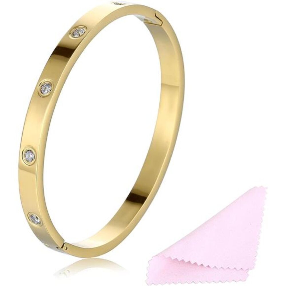 Women's Stainless Steel Crystal Bracelet with Cubic Zirconia Hinge Oval Bangle
